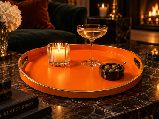 A round orange serving tray with gold trim and side handles sits on a dark marble table in a warmly lit living room. The tray holds a lit candle, a coupe glass with pale champagne, and a small bowl of olives.