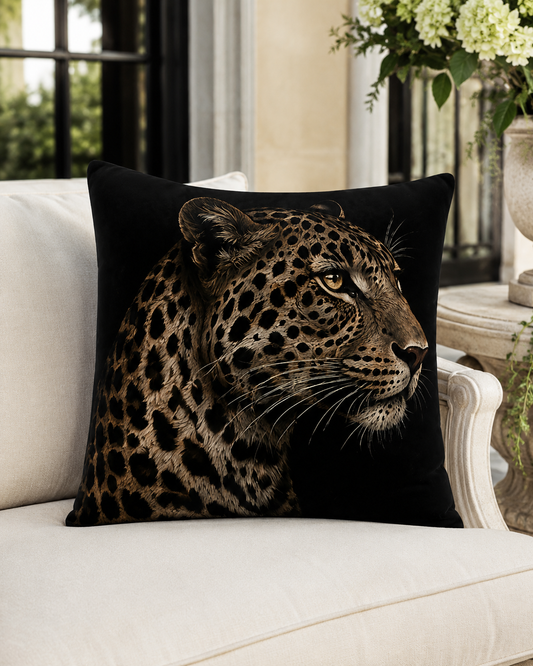 A square black throw pillow featuring a detailed graphic print of a leopard's head in profile, styled on a white armchair in a bright, modern interior setting.