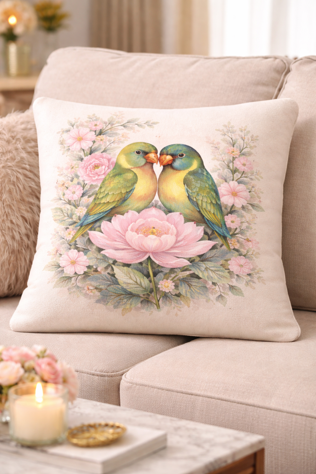 A square decorative throw pillow with a vintage-style illustration of two green and yellow birds kissing among pink flowers, resting on a beige sofa in a cozy living room setting.
