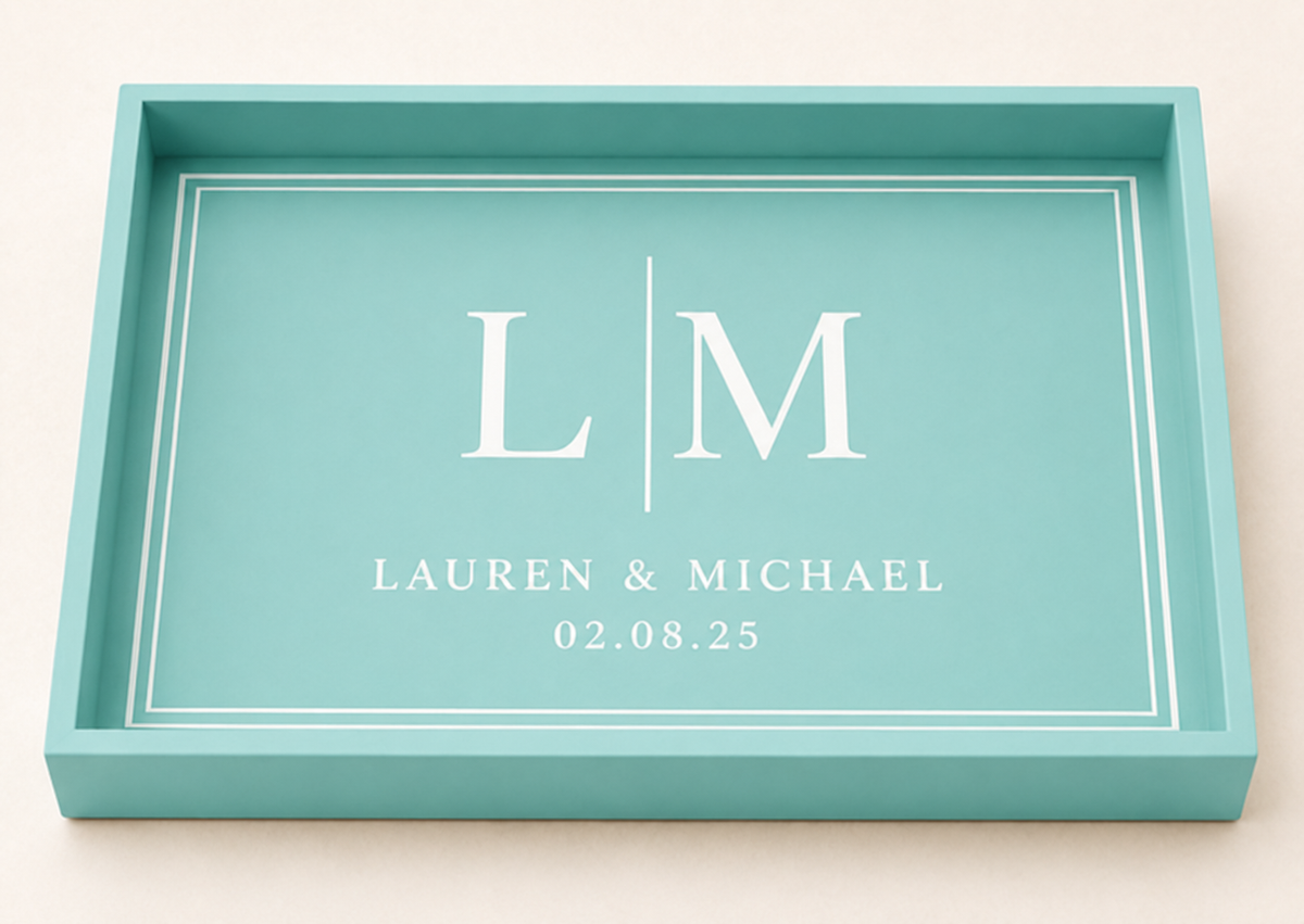 Black wooden tray personalised with custom lettering