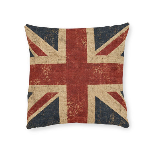 A square throw pillow featuring a distressed vintage Union Jack flag design in muted red, navy blue, and beige tones, shown against a plain white background.