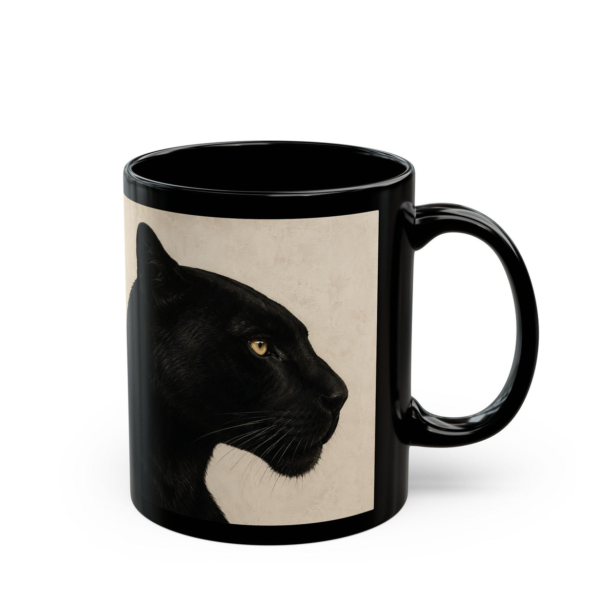 A glossy black ceramic mug featuring a printed illustration of a black panther's head on a beige background, shown against a plain white studio backdrop.