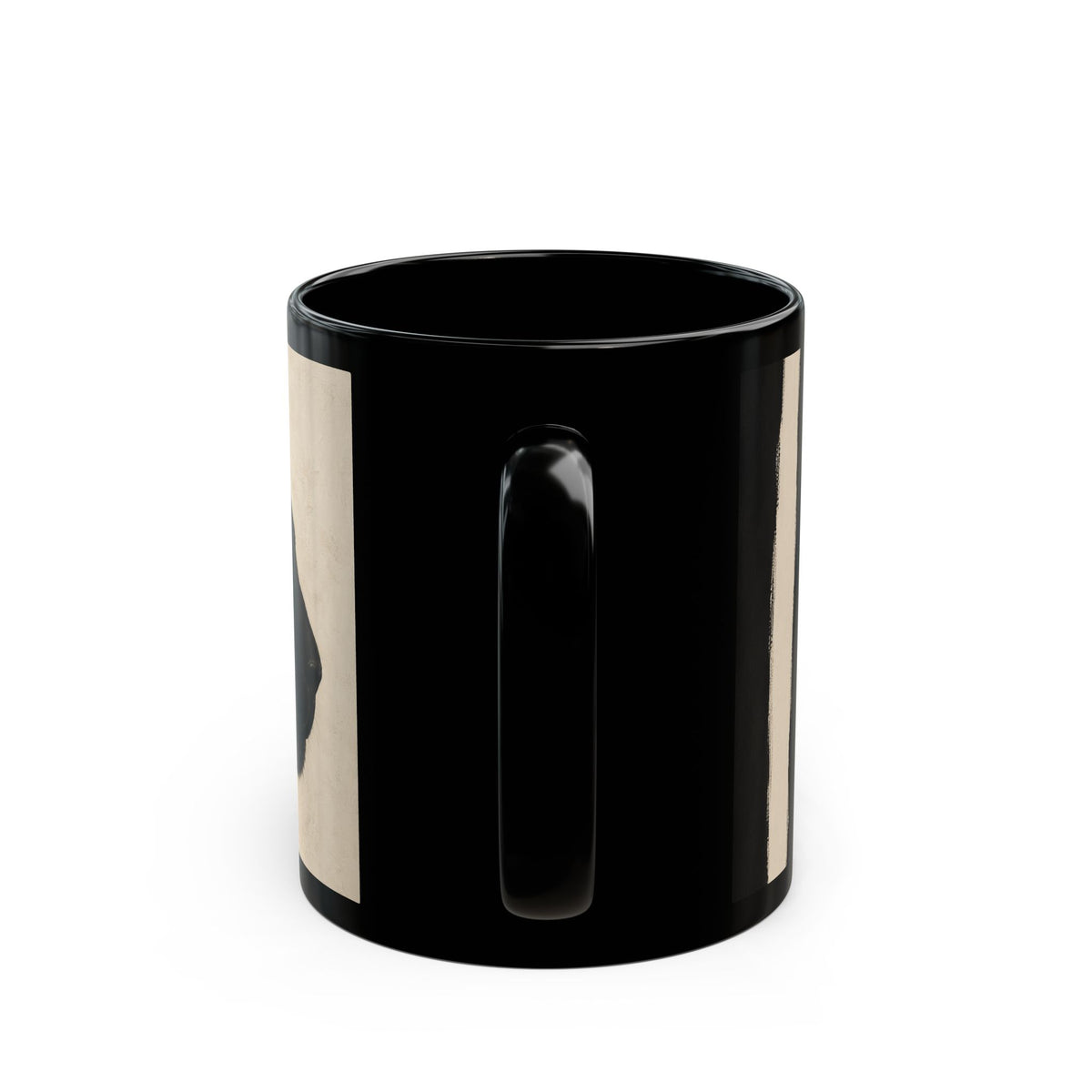 A glossy black ceramic mug with a vertical beige side panel featuring a dark graphic print, shown against a plain white background.