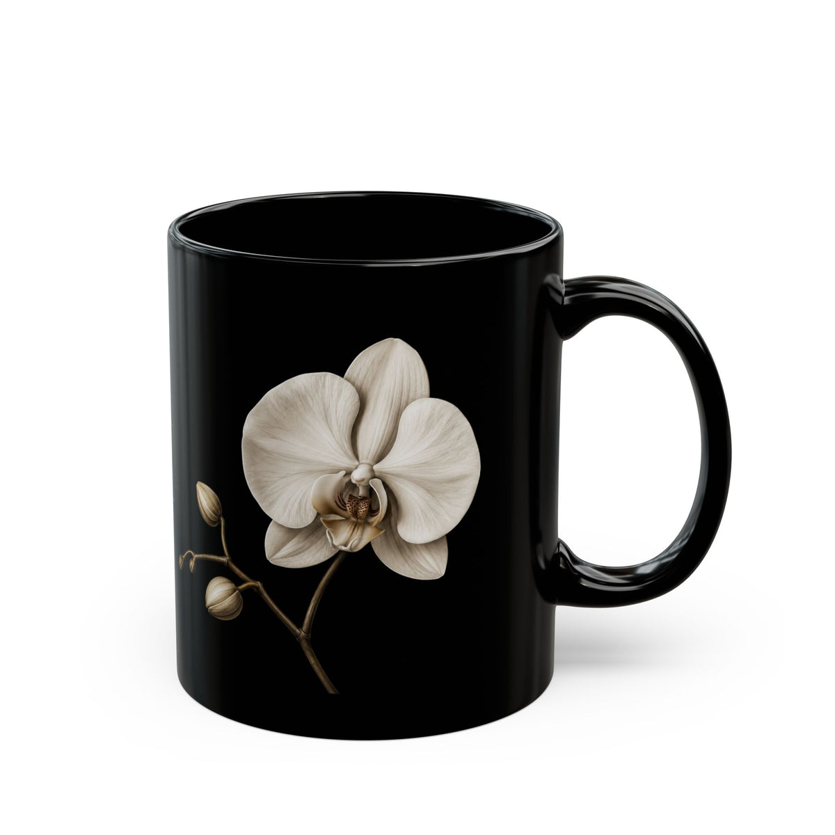 A glossy black ceramic mug featuring a detailed illustration of a white orchid flower on the side, set against a plain white background.