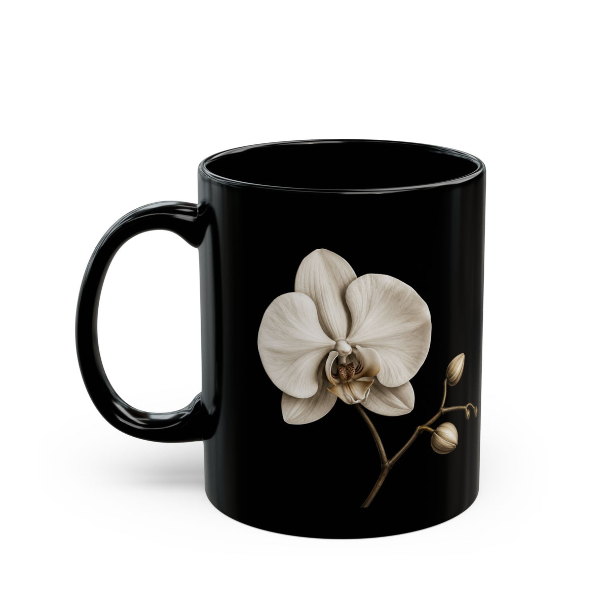 A glossy black ceramic mug featuring a detailed illustration of a white orchid flower with gold accents on its side, set against a plain white background.