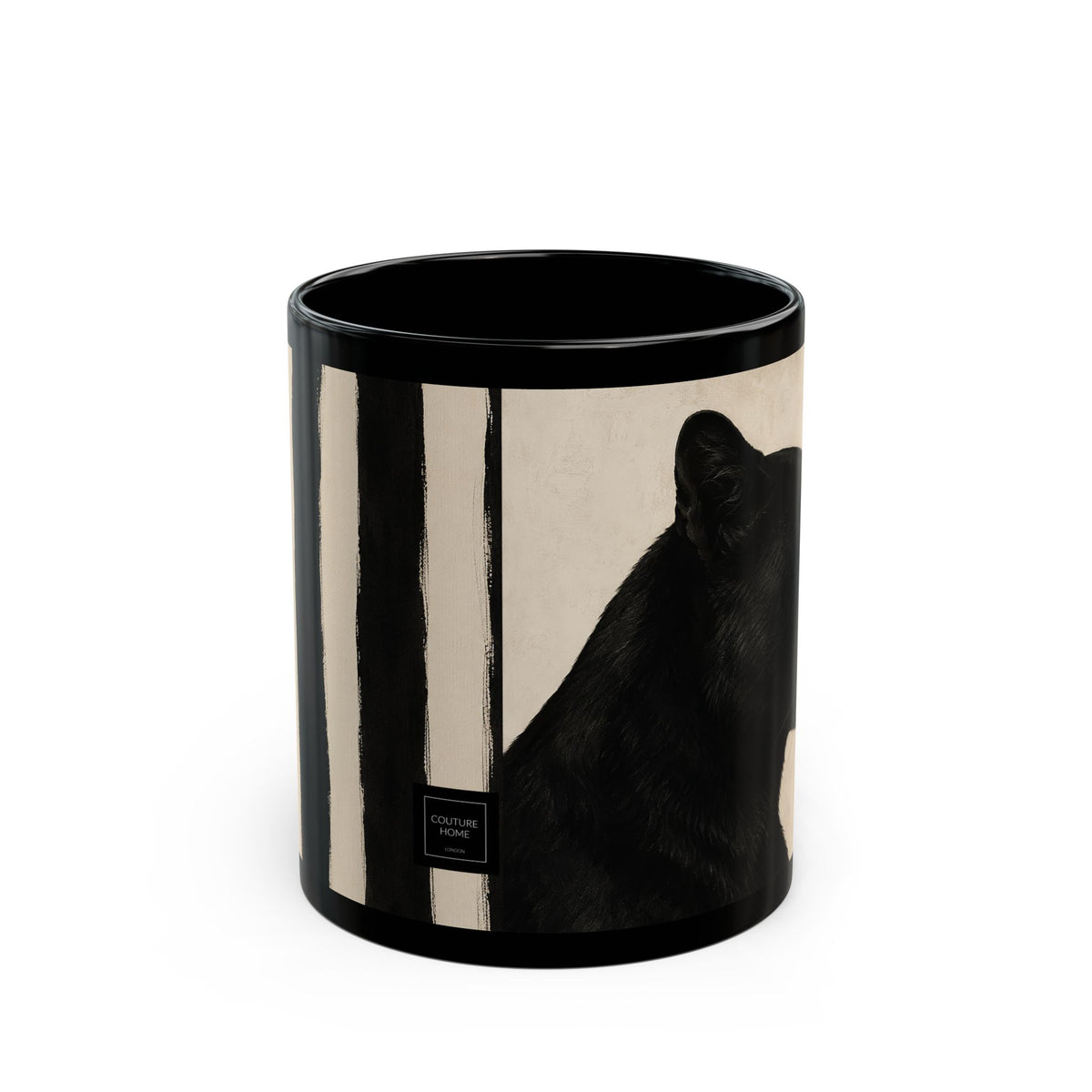A black ceramic mug featuring a graphic design of a black panther against a beige background with vertical black stripes, shown on a plain white background.