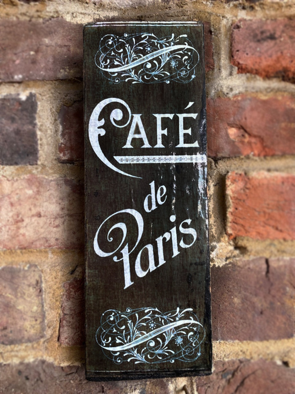 Vintage Cafe De Paris wooden wall sign with glossy finish