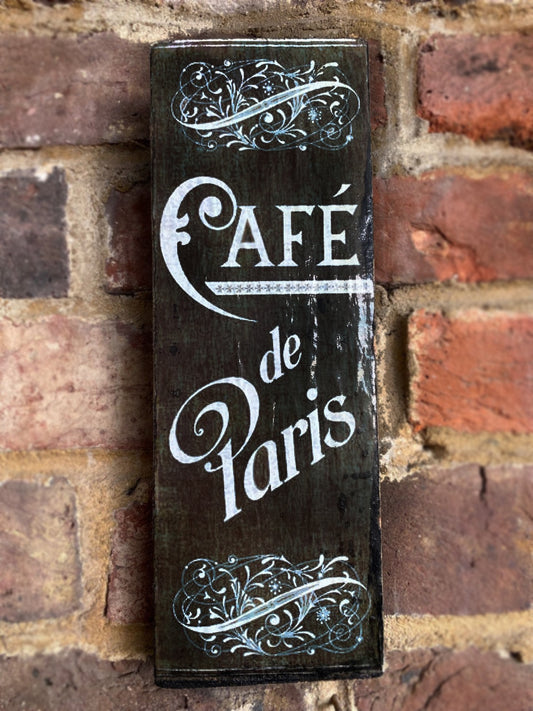 Vintage Cafe De Paris wooden wall sign with glossy finish