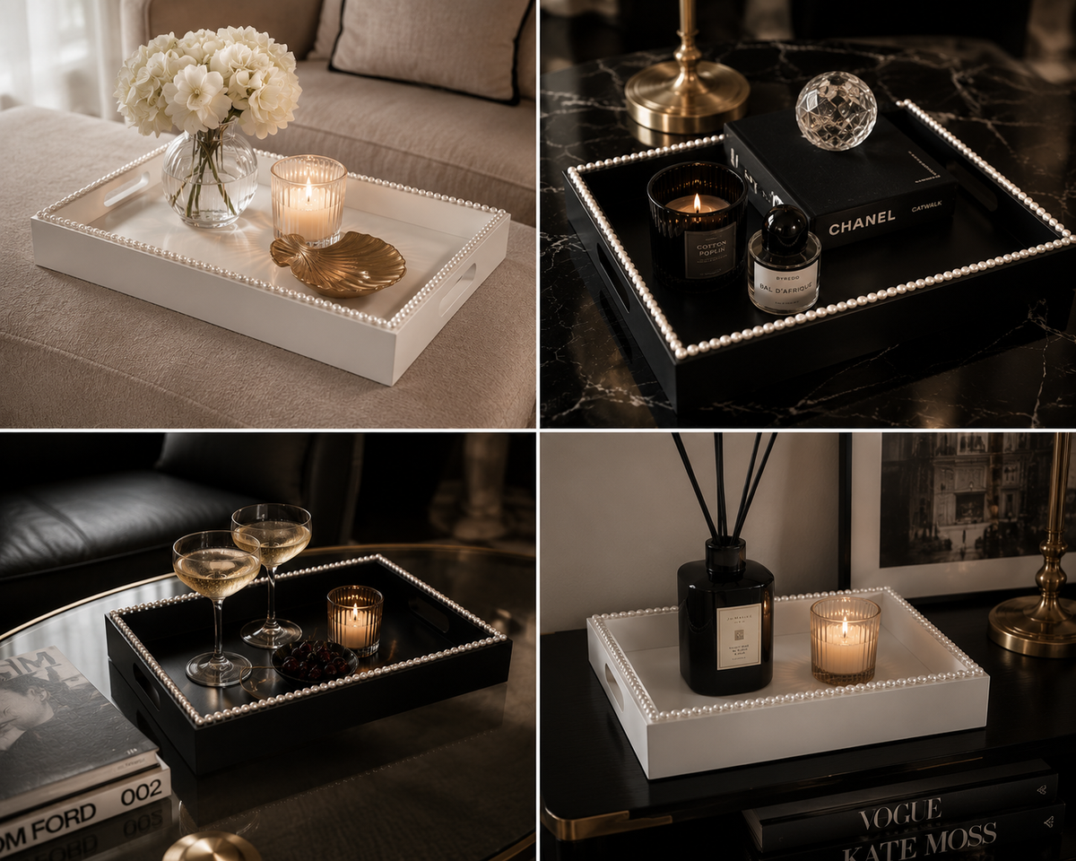 A four-panel collage showing a decorative rectangular tray in two colorways: white with a beaded border and black with a beaded border. The tray is styled in real home environments with candles, books, flowers, and glasses on a sofa, table, and dark marble surface.