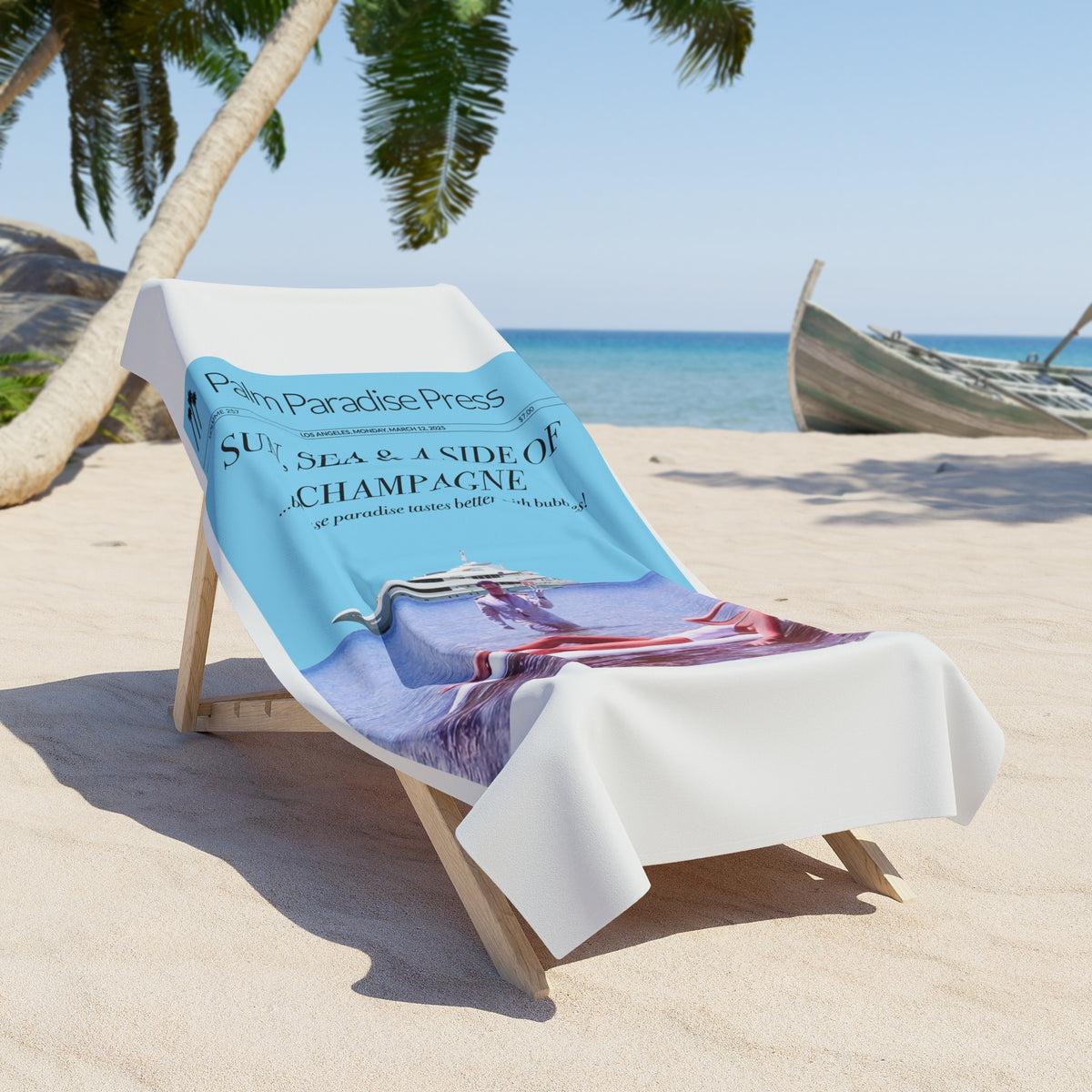 A printed beach towel draped over a wooden lounge chair on a sandy beach, with palm trees, ocean, and a boat in the background. The towel has a light blue top section with black text reading 'Palm Paradise Press' and 'Sunrise a Side of Champagne', plus a purple-toned photographic print on the lower section.
