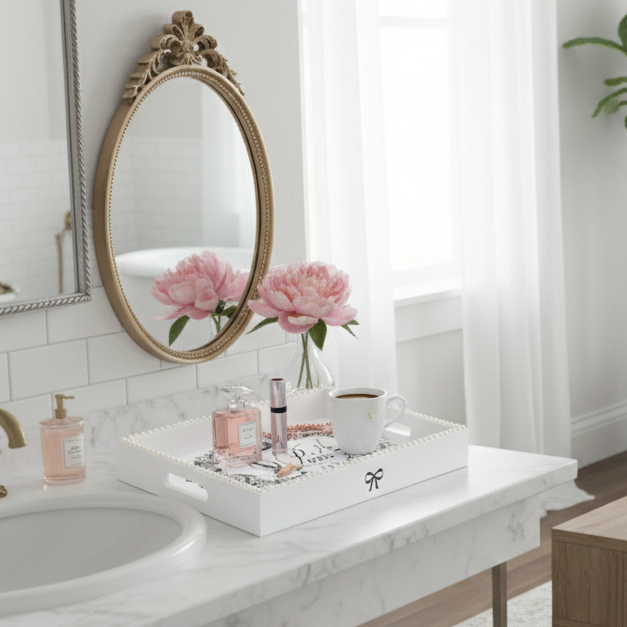 A styled bathroom interior with a white marble vanity, round gold-framed mirror, pink flowers, a wooden coffee table, and a large potted fiddle-leaf fig plant near a white freestanding bathtub.