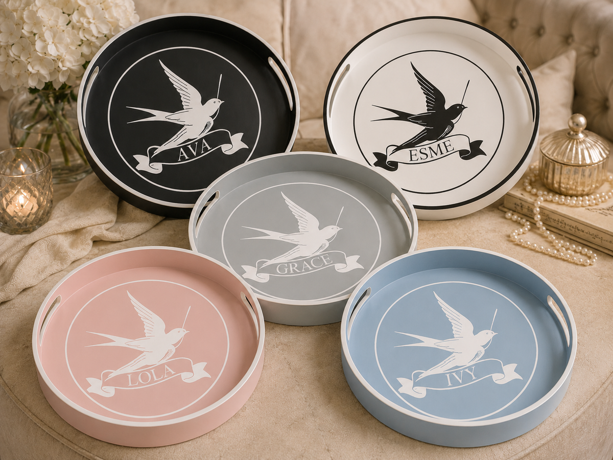 Round wooden tray with swallow bird design and personalised names