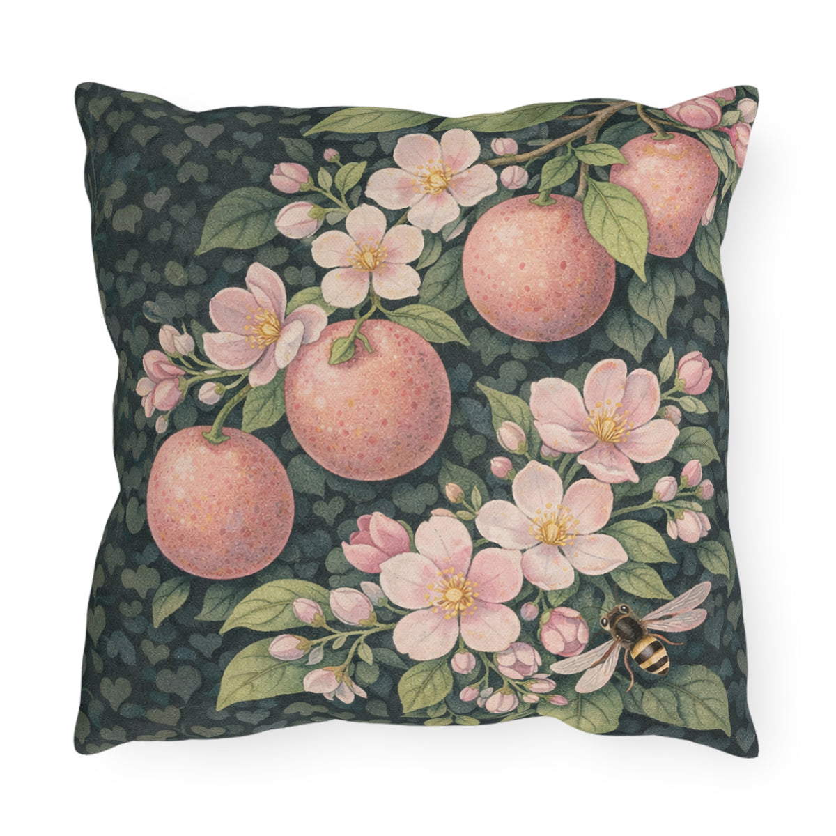 A square throw pillow featuring a vintage-style botanical print of pink apples, light pink blossoms, green leaves, and a small bee on a dark green background with subtle heart patterns.