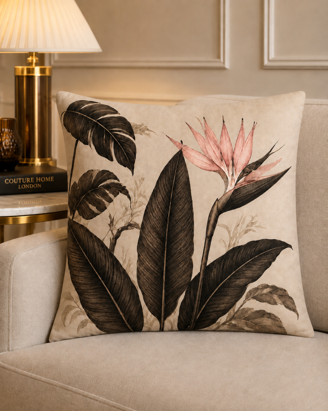 A square decorative throw pillow with a botanical print of large dark leaves and a pink bird of paradise flower, resting on a beige armchair next to a lit table lamp.