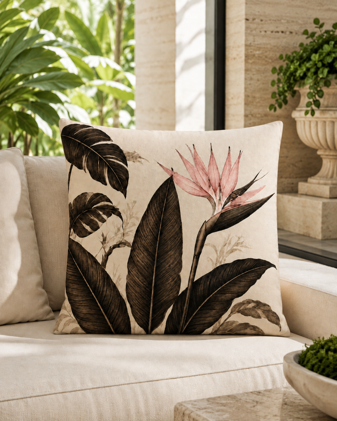 A square throw pillow with a botanical print of dark brown tropical leaves and a pink bird of paradise flower, resting on a beige sofa in a sunlit, modern interior.