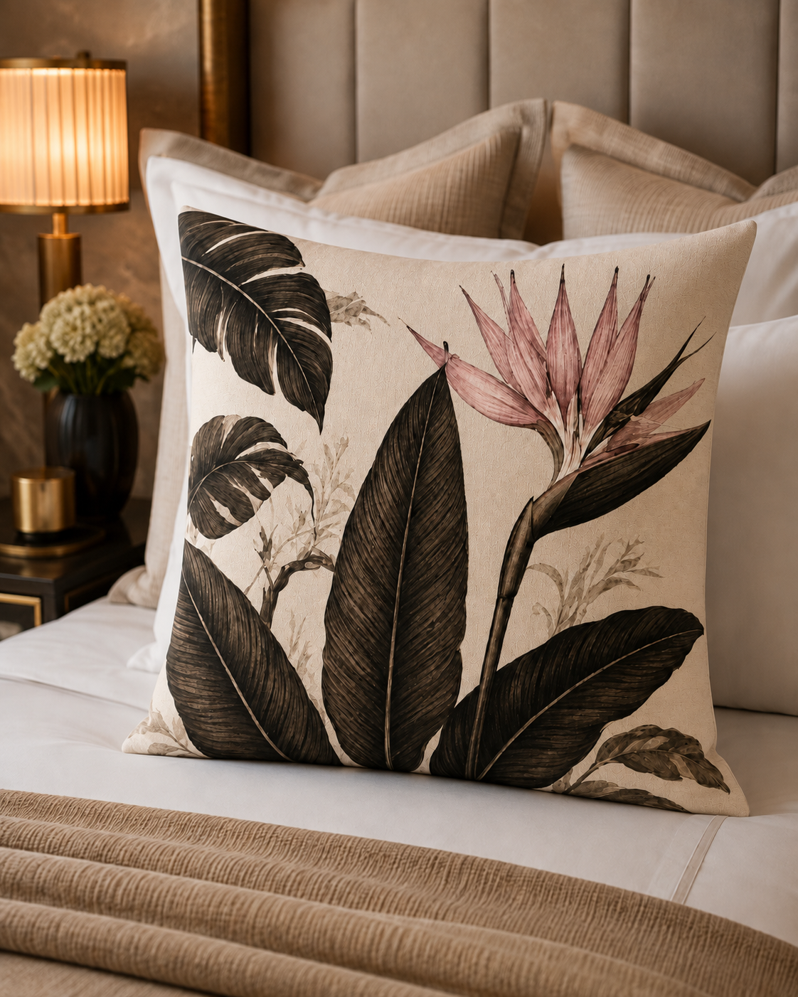 A square decorative throw pillow with a botanical print of dark green leaves and a pink bird of paradise flower on a beige background, styled on a bed with neutral bedding and a bedside lamp.