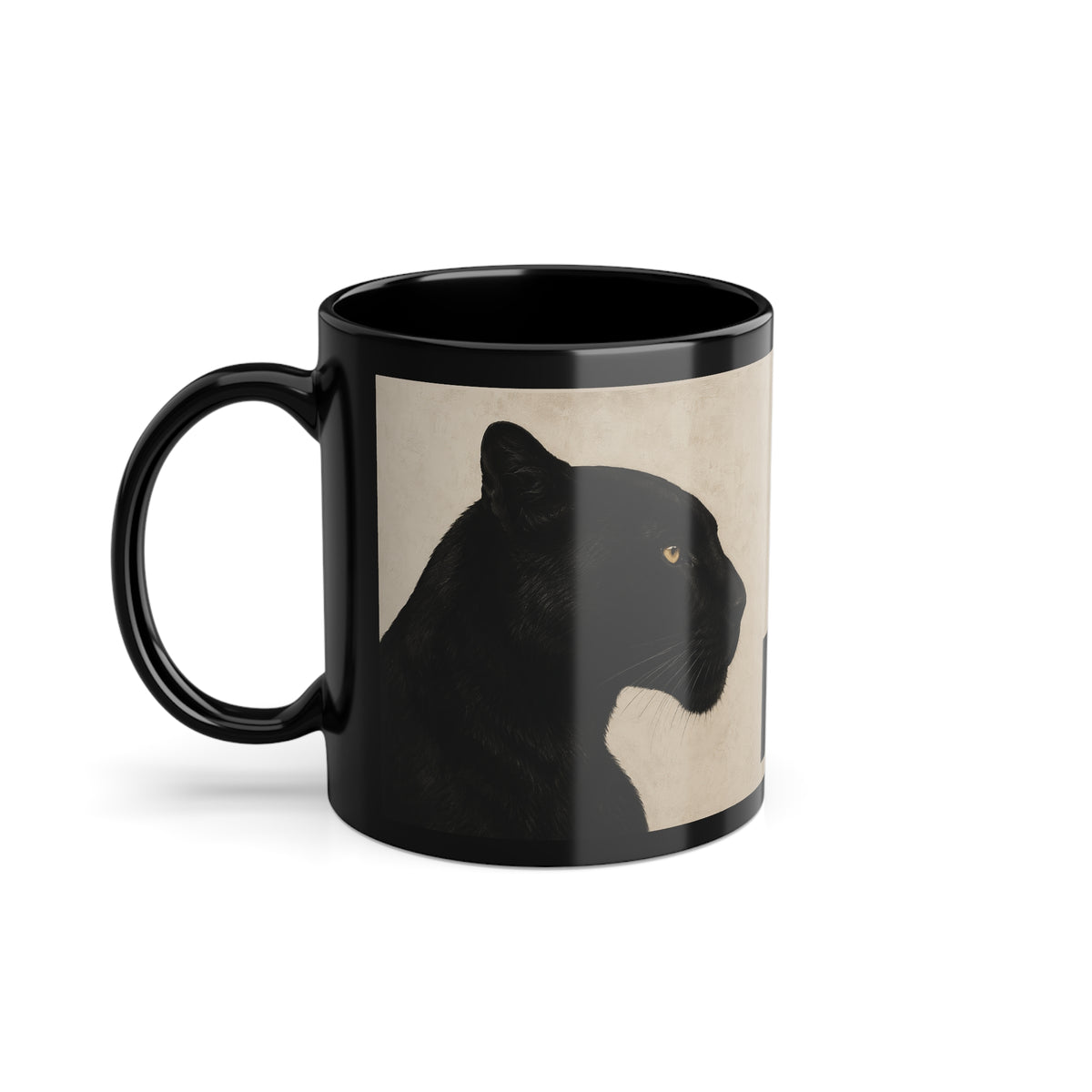 A glossy black ceramic mug featuring a printed graphic of a black panther silhouette on a beige background, shown on a clean white studio background.
