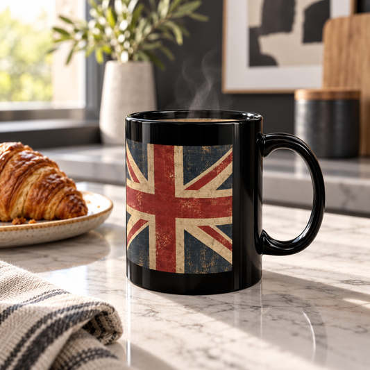 A black ceramic mug with a distressed Union Jack flag design on the side, sitting on a marble countertop next to a croissant in a bright kitchen setting.