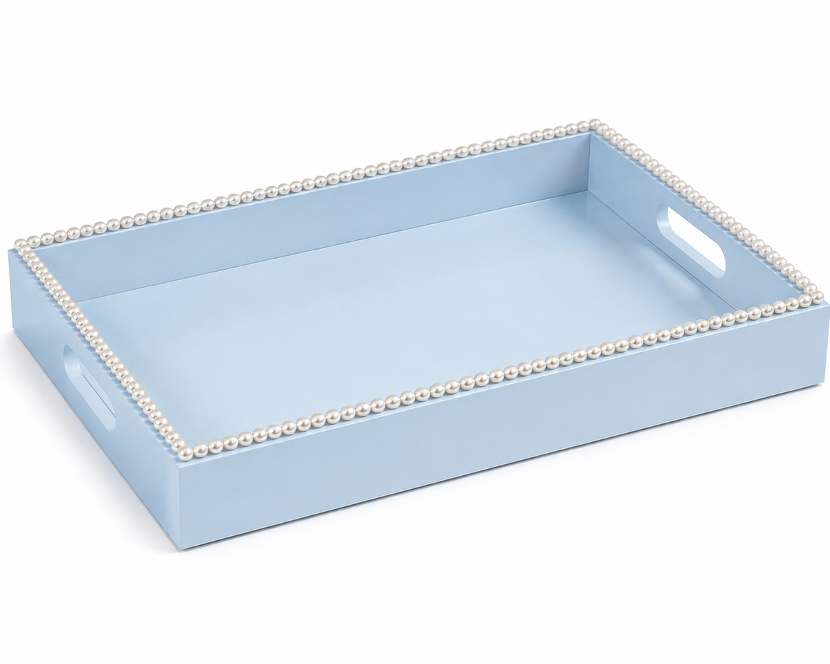 A light blue rectangular serving tray with decorative pearl bead trim around the edges and integrated side handles, shown on a white background.