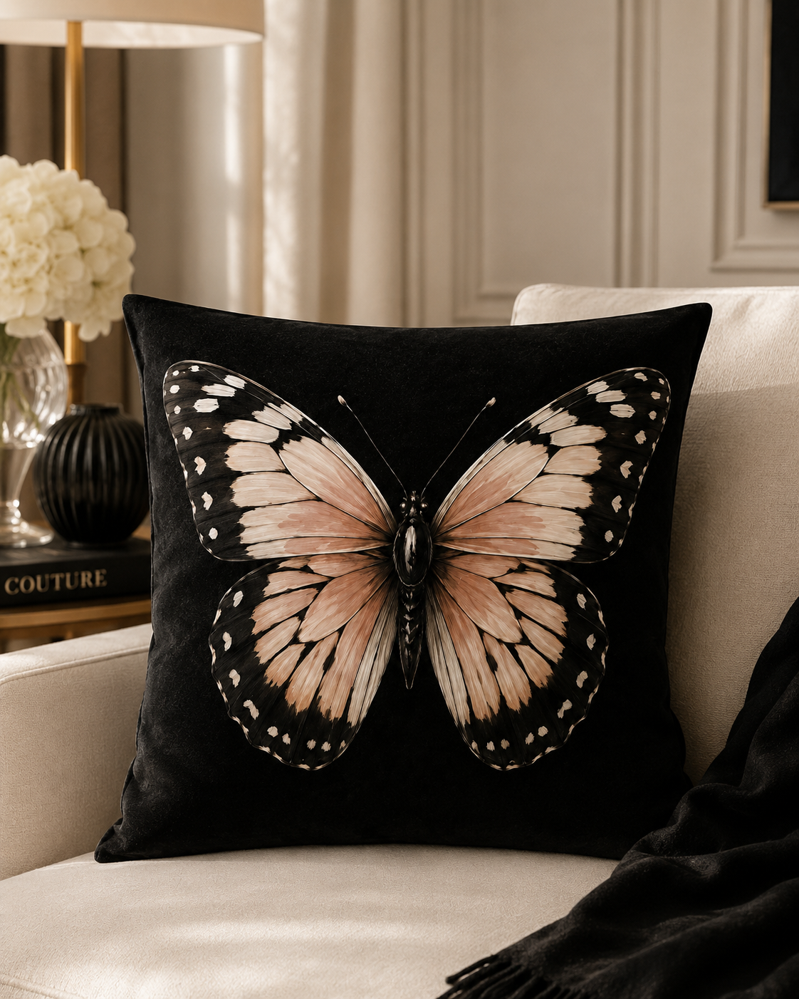 A square black throw pillow featuring a large printed butterfly design in blush pink, black, and white, styled on a cream-coloured armchair in a warm, elegant living room setting.