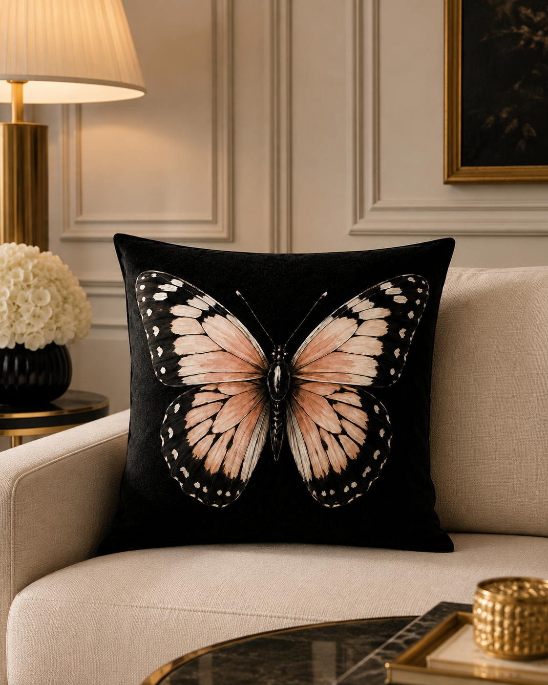 A square black throw pillow featuring a large embroidered butterfly with blush pink, cream, and black wings, resting on a beige armchair in a styled living room setting.