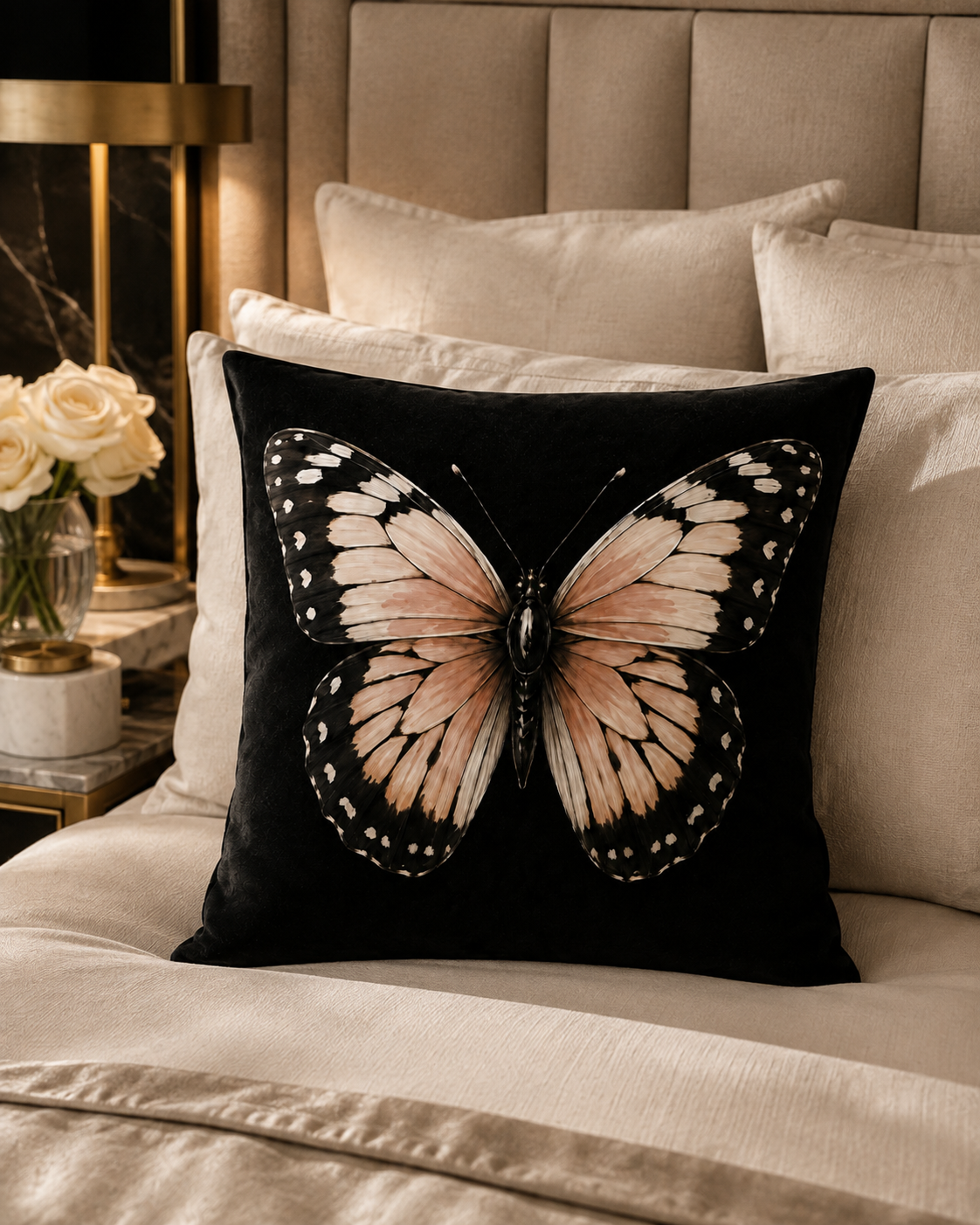A square black throw pillow featuring a large butterfly print with pink blush, beige, and black wings, styled on a beige bed with neutral pillows and a bedside lamp.