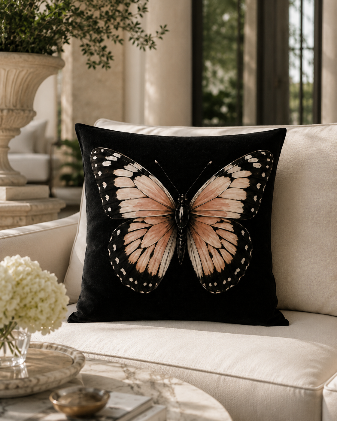 A square black throw pillow featuring a large printed butterfly with peach, cream, and black wings, resting on a cream-colored sofa in a styled living room setting.