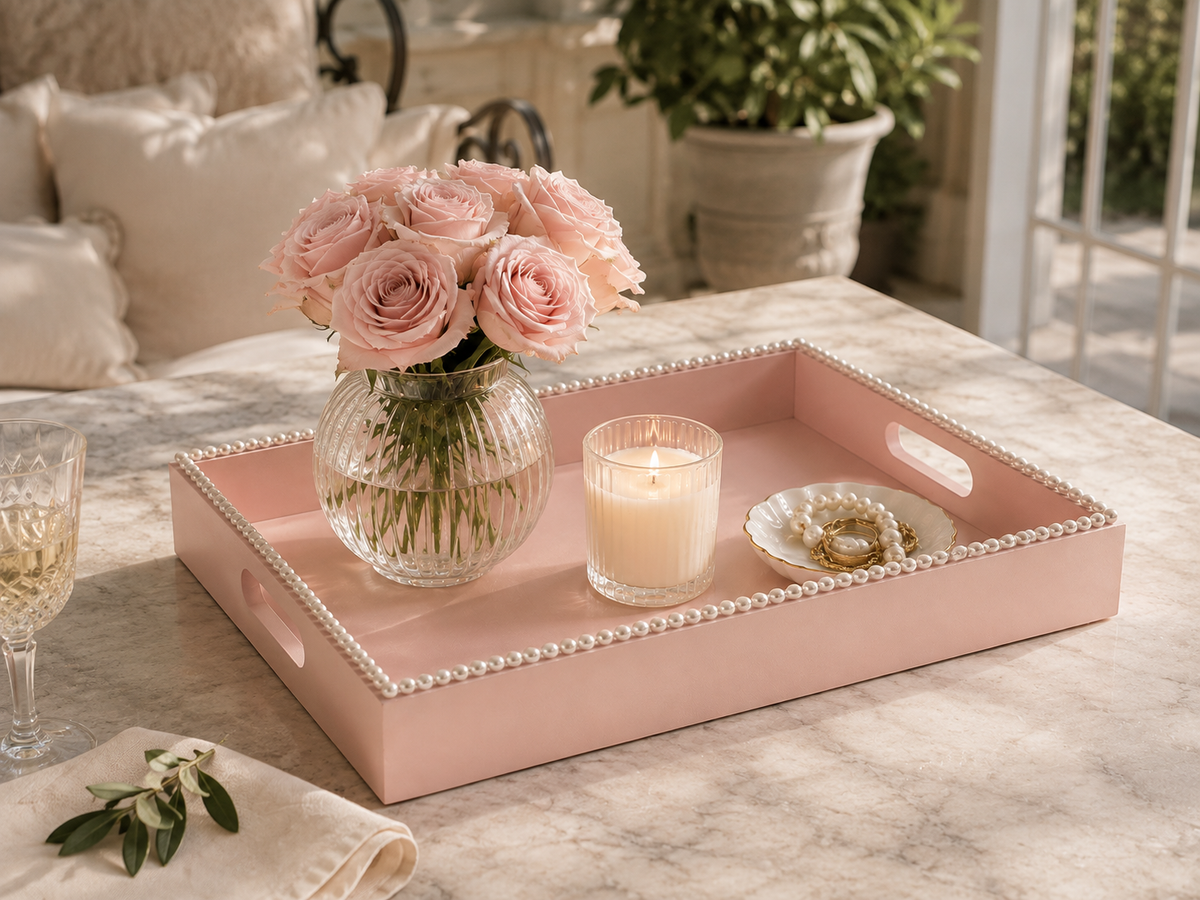 A blush pink tray with pearl edging displayed on a white marble coffee table in a sunlit garden room.