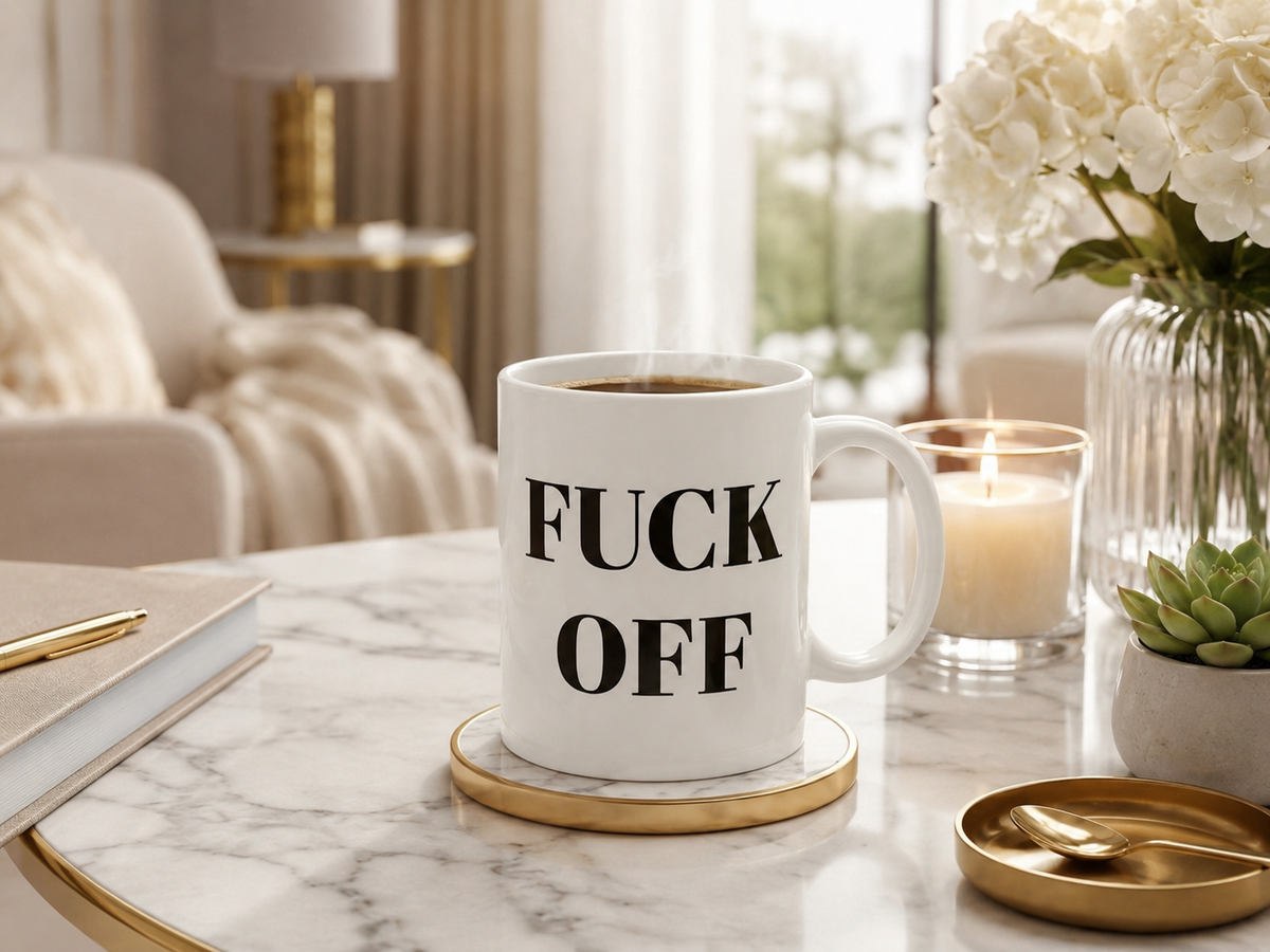 A white ceramic coffee mug with the words 'FUCK OFF' printed in bold black letters, sitting on a gold-rimmed coaster on a marble table in a cozy, softly lit living room setting.