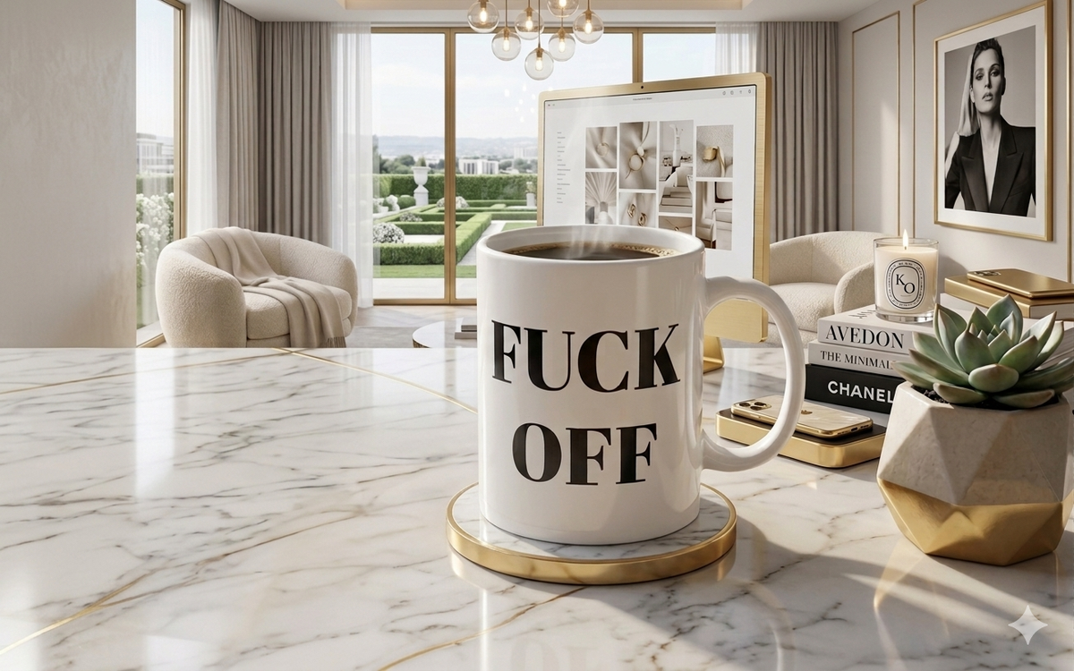 A white ceramic coffee mug with bold black text reading 'FUCK OFF' sits on a gold coaster on a polished marble table. The background is a luxurious, modern living room with beige armchairs, framed art, and a large window overlooking manicured gardens.