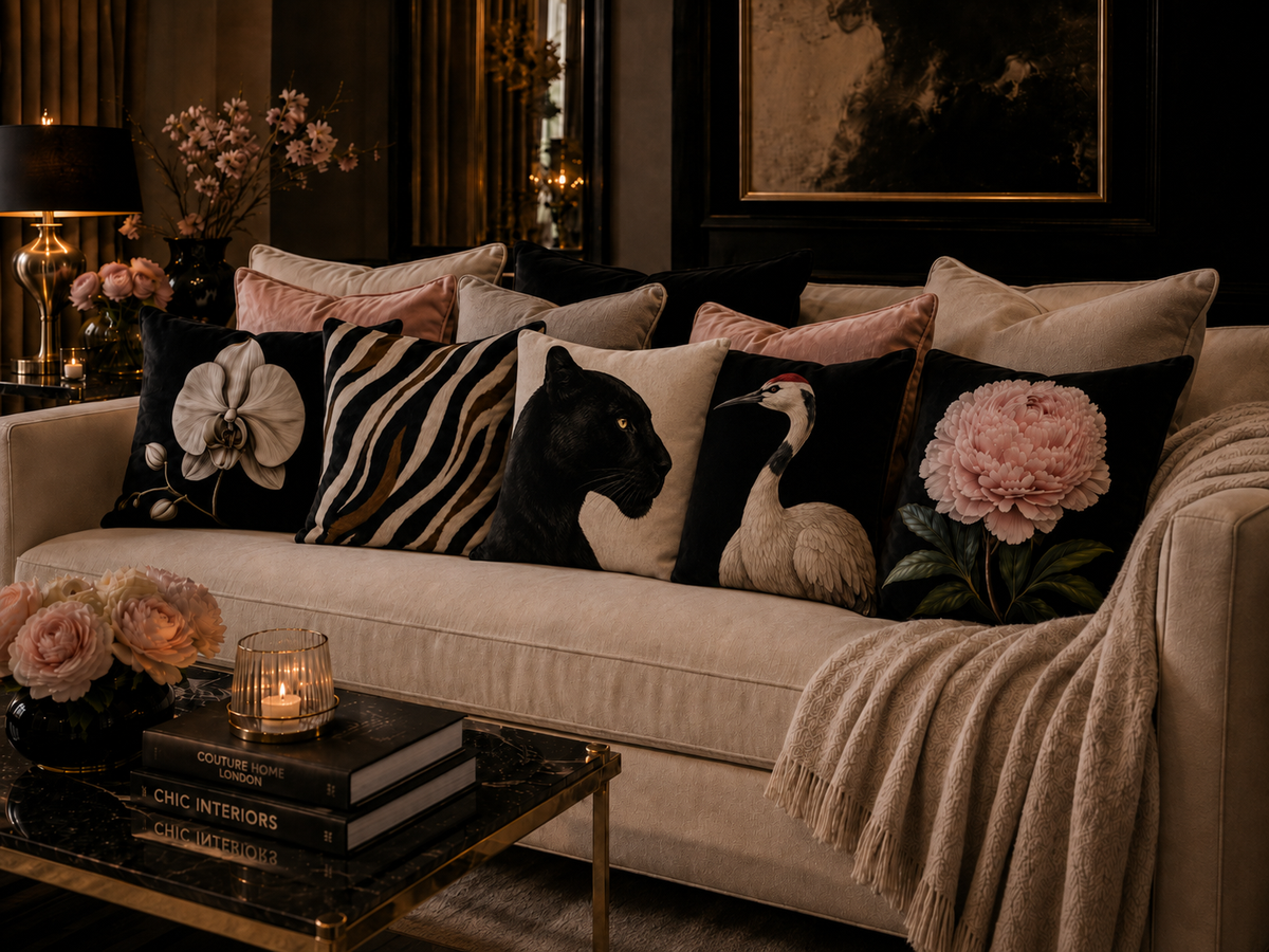A styled living room scene featuring a cream sofa adorned with decorative throw pillows, including black floral, zebra, panther, crane, and pink peony designs, with a beige throw blanket draped over the arm.