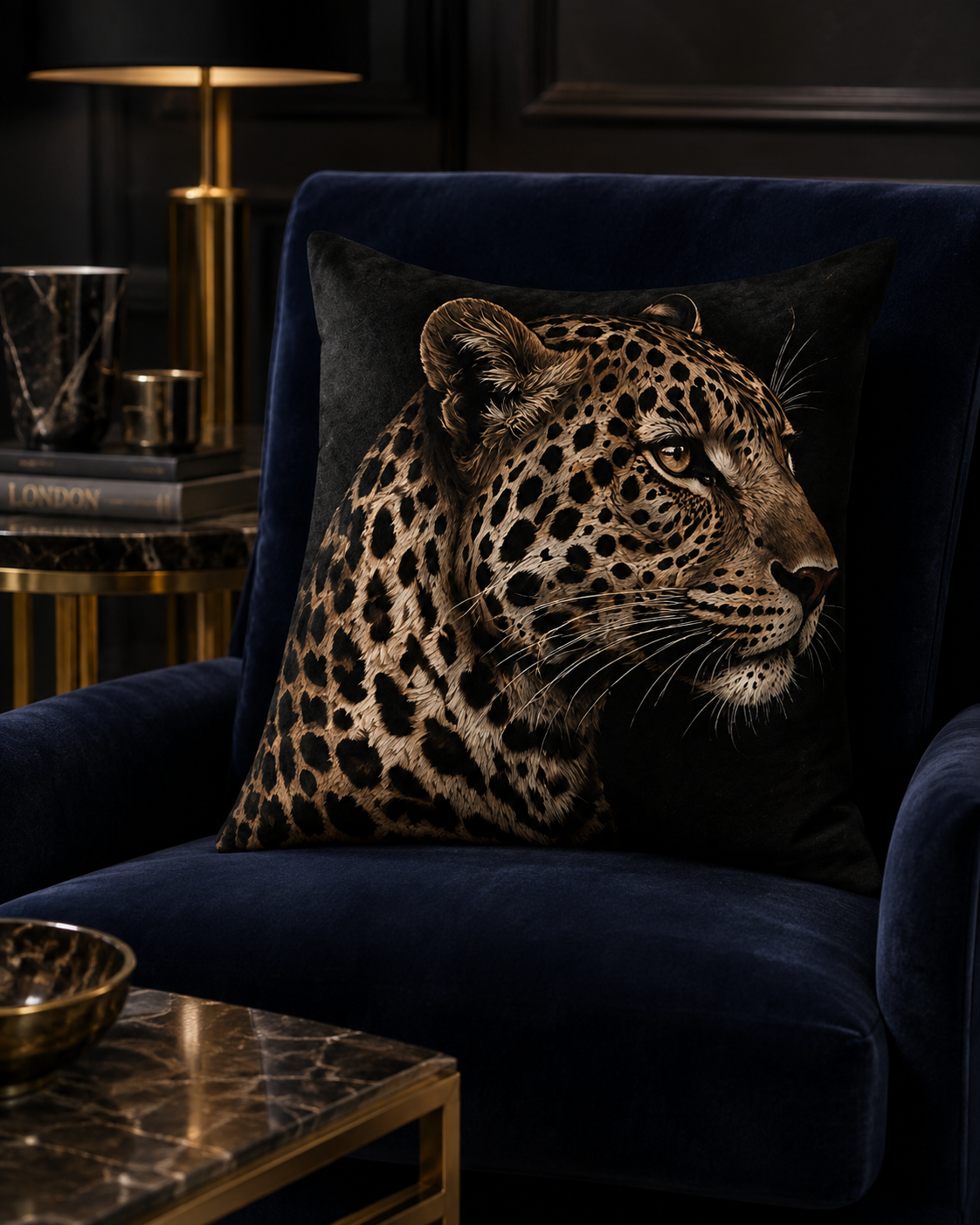 A square throw pillow featuring a realistic leopard print design, resting on a plush navy blue velvet armchair in a dark, elegant room setting.