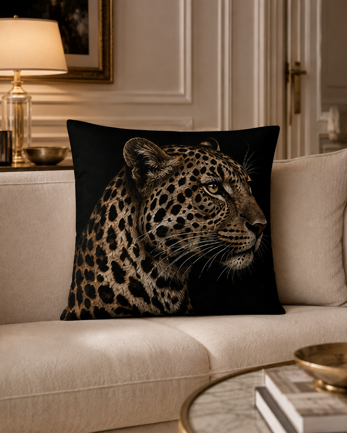A square black throw pillow featuring a detailed graphic print of a leopard's head in profile, styled on a cream-colored sofa in a warm, elegant living room setting.