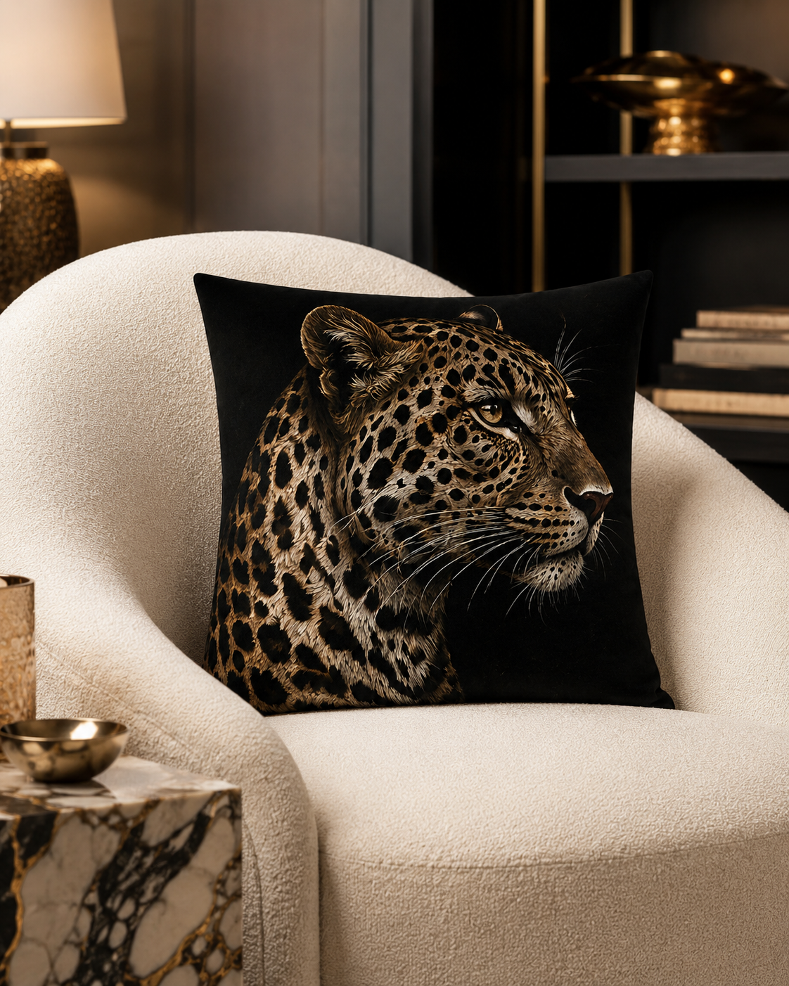 A square black throw pillow featuring a realistic print of a leopard's head in profile, styled on a cream-colored armchair in a modern, dimly lit living room setting.
