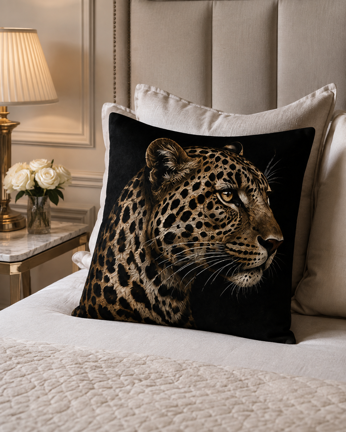 A square throw pillow featuring a detailed print of a leopard on a black background, styled on a bed with neutral-colored bedding and a bedside lamp.