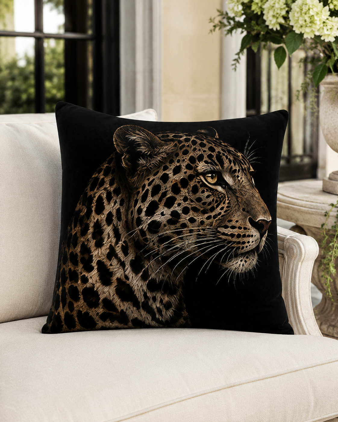 A square black throw pillow featuring a detailed graphic print of a leopard's head in profile, styled on a white armchair in a bright, modern interior setting.