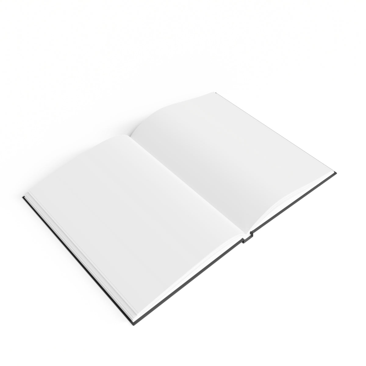 An open black notebook showing white, plain pages on a white background.
