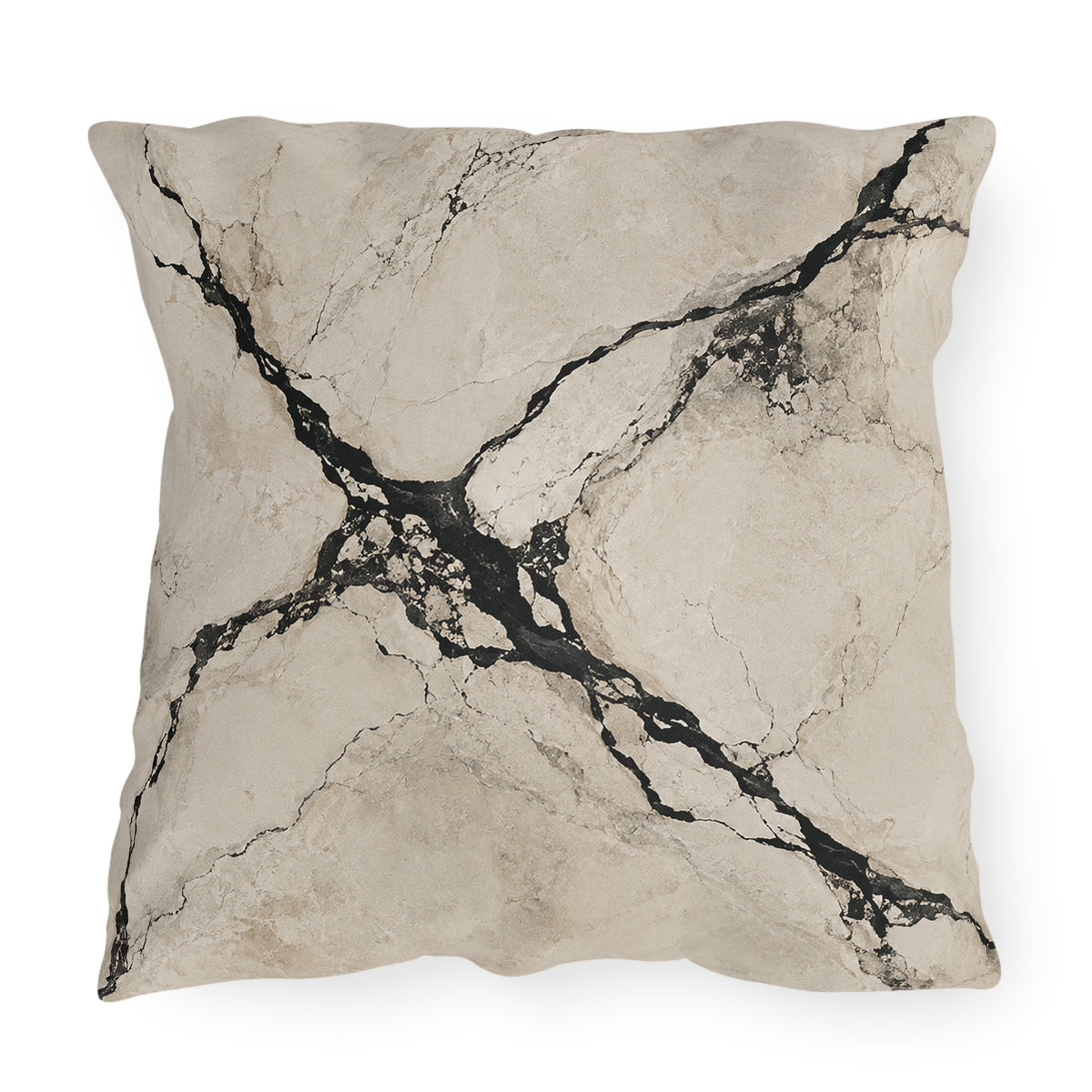 A square throw pillow featuring a beige and gray marble pattern with prominent black veining, shown against a plain white background.