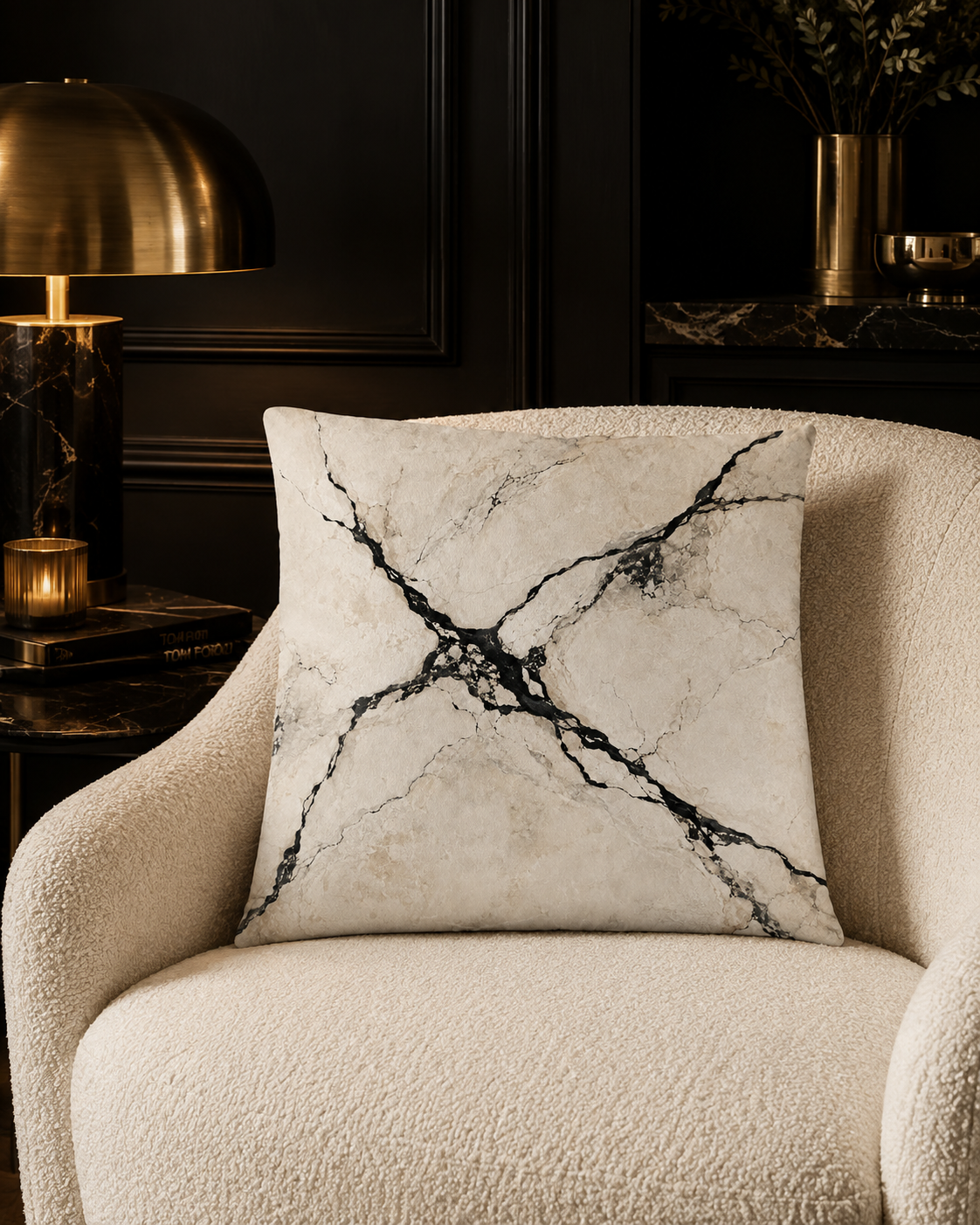 A square throw pillow with a black marble pattern on a cream background, styled on a beige bouclé armchair in a dark, elegant room.