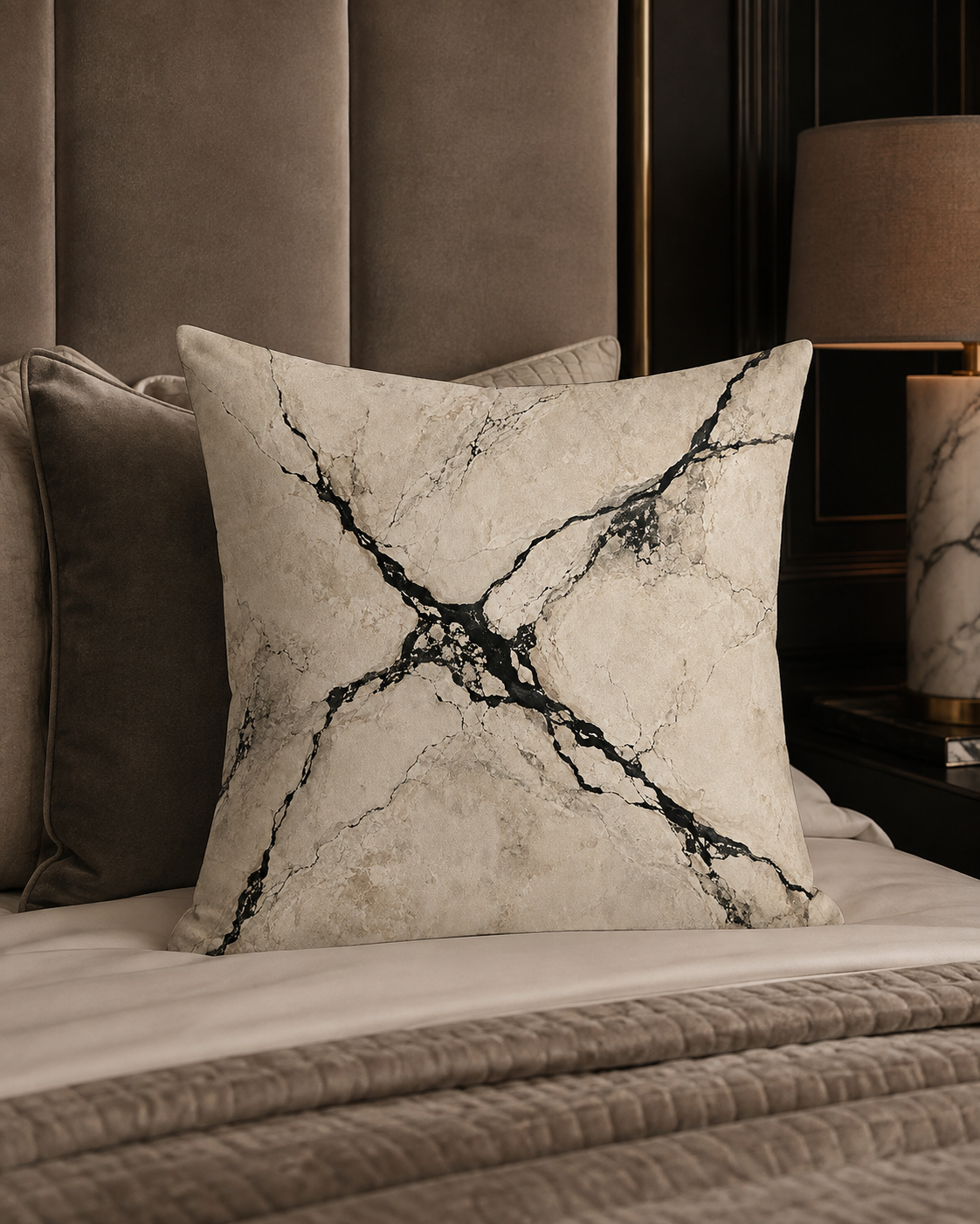 A square throw pillow with a beige marble pattern featuring dramatic black veining, styled on a bed with matching taupe velvet bedding and pillows in a dark, elegant bedroom setting.