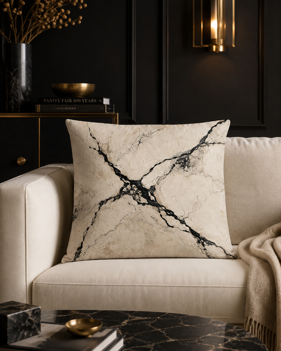 A square throw pillow with a black marble pattern on a cream background, styled on a beige sofa in a dark, elegant room.