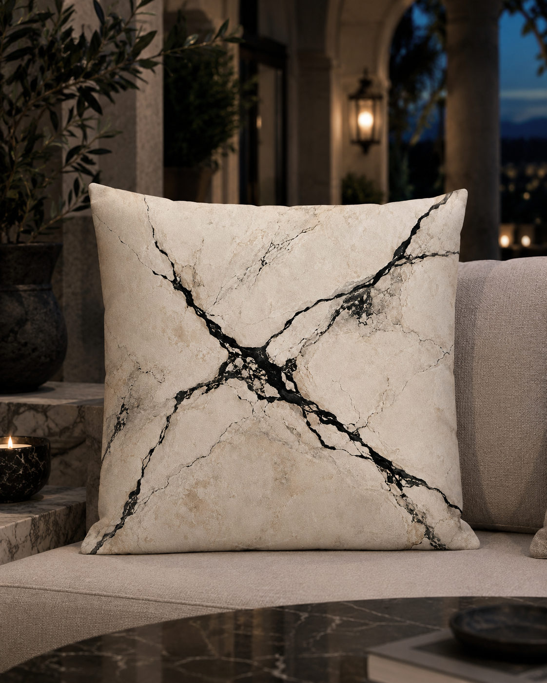 A square throw pillow with a beige marble pattern and bold black veining, resting on a light beige outdoor sofa at dusk.