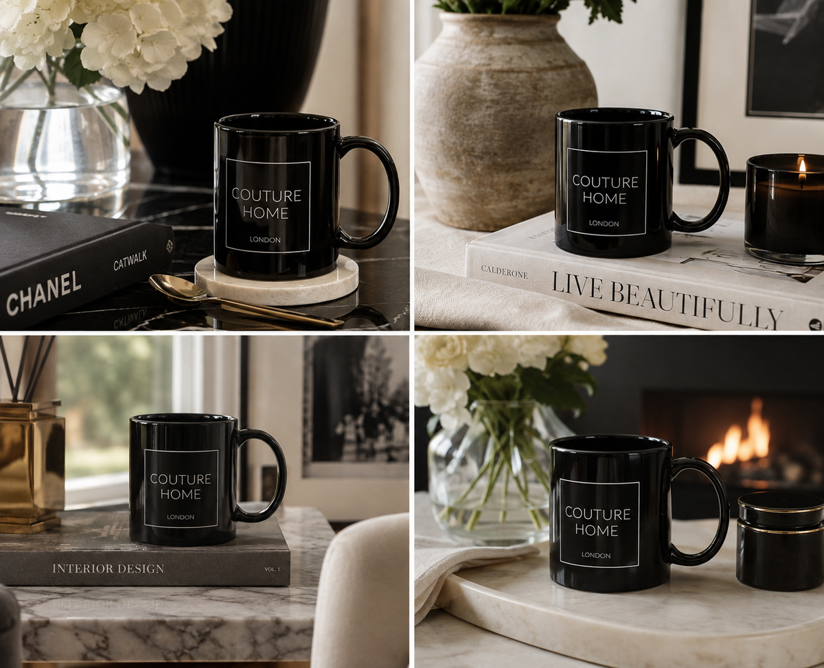 A four-panel collage showing a glossy black ceramic mug with the words 'COUTURE HOME London' printed in white on the front, styled in different home interiors with books, flowers, a candle, and a fireplace.