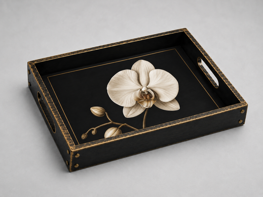 A rectangular black serving tray with gold trim and handles, featuring a large cream-colored orchid flower design on the top surface, photographed on a neutral light gray background.