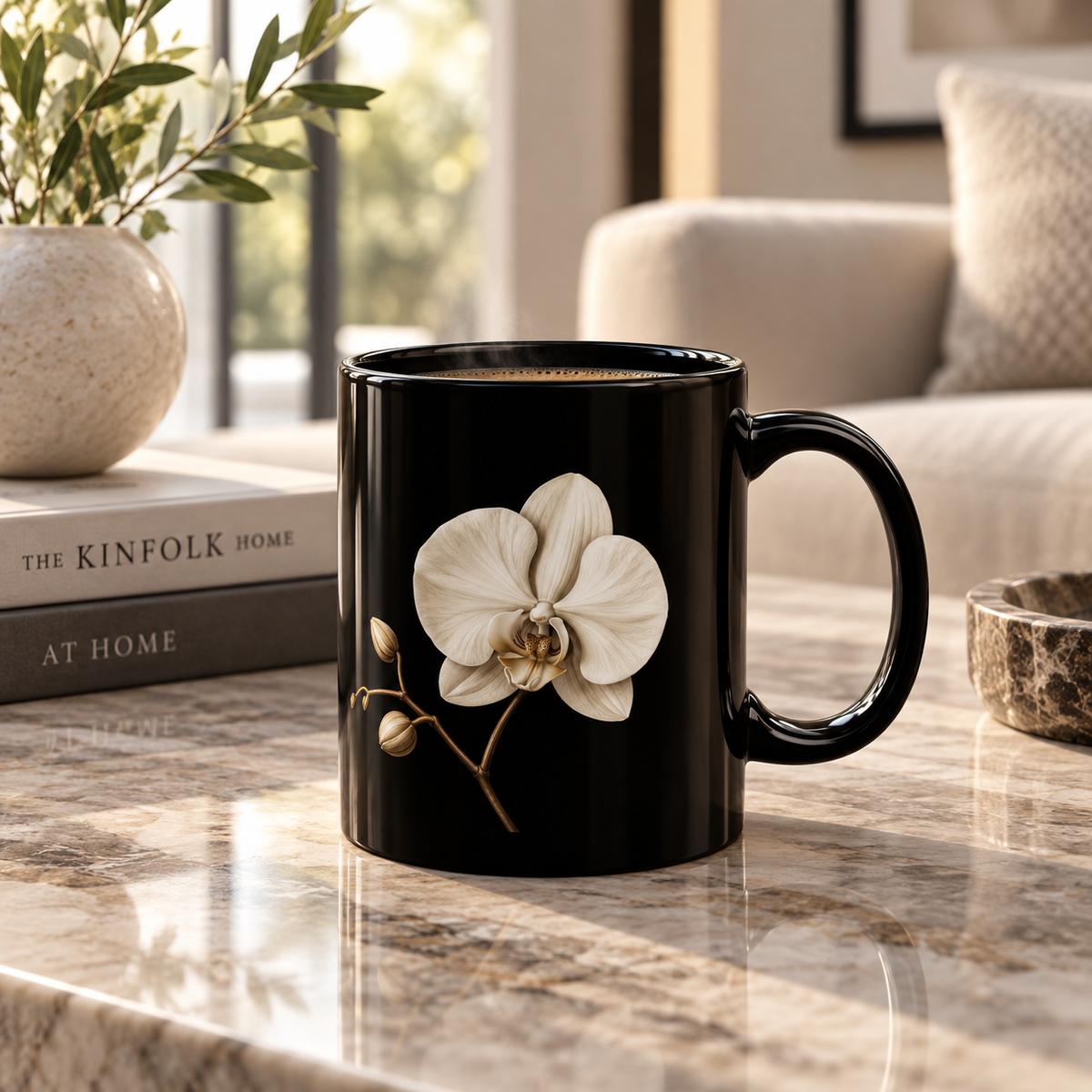 White Orchid Black Ceramic Mug