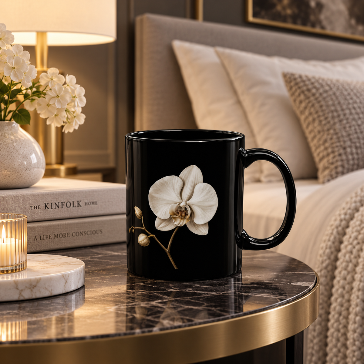White Orchid Black Ceramic Mug
