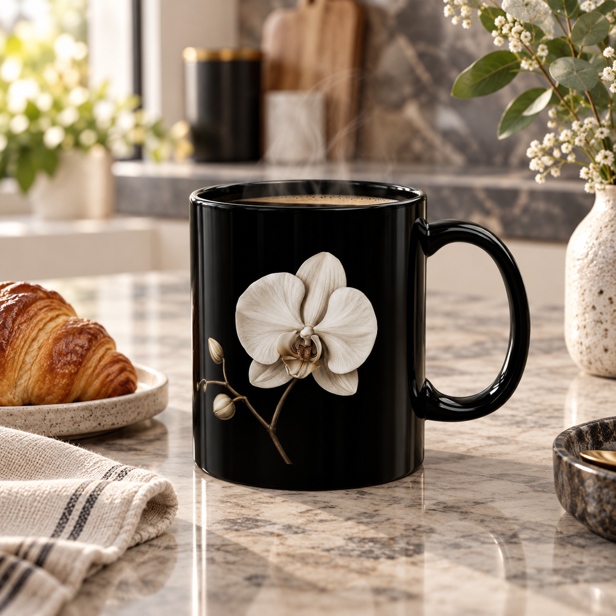 White Orchid Black Ceramic Mug