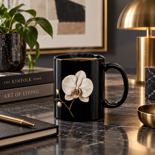 White Orchid Black Ceramic Mug