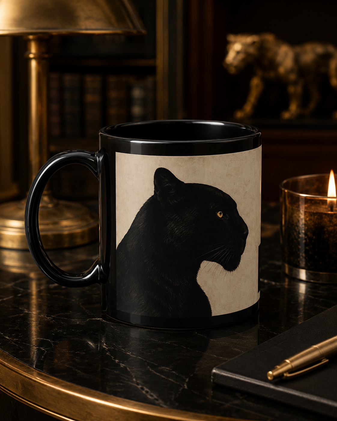 A black ceramic mug with a beige panel showing a black panther illustration, set on a dark marble table in a warm, moody room with a lamp, candle, and gold accents.