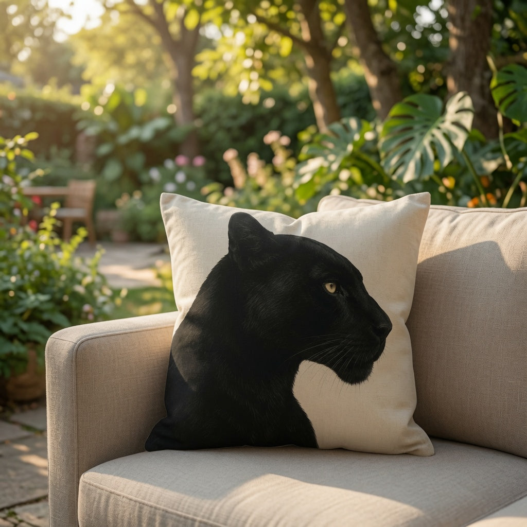 A square throw pillow featuring a realistic black panther print on a cream background, resting on a beige outdoor sofa in a lush garden setting.